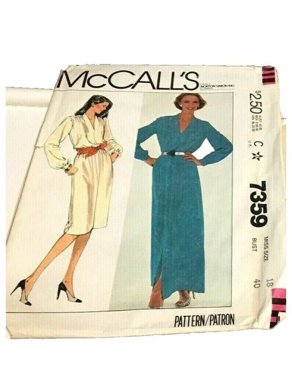 VTG Sewing Pattern McCalls 7359 Misses Dresses Size 18 Bust 40 U/C New